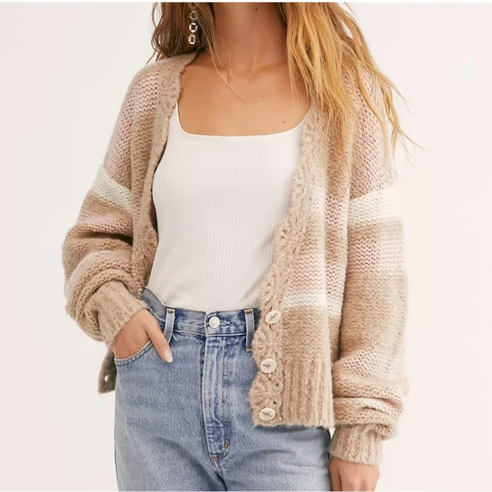 Free People Fine Time Latte Striped Oversized Wool Alpaca Cardigan S